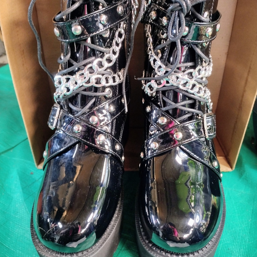 Punk/ Gothic Glossy Black Chain And Buckle Boots Brand new, Never Worn Size 10